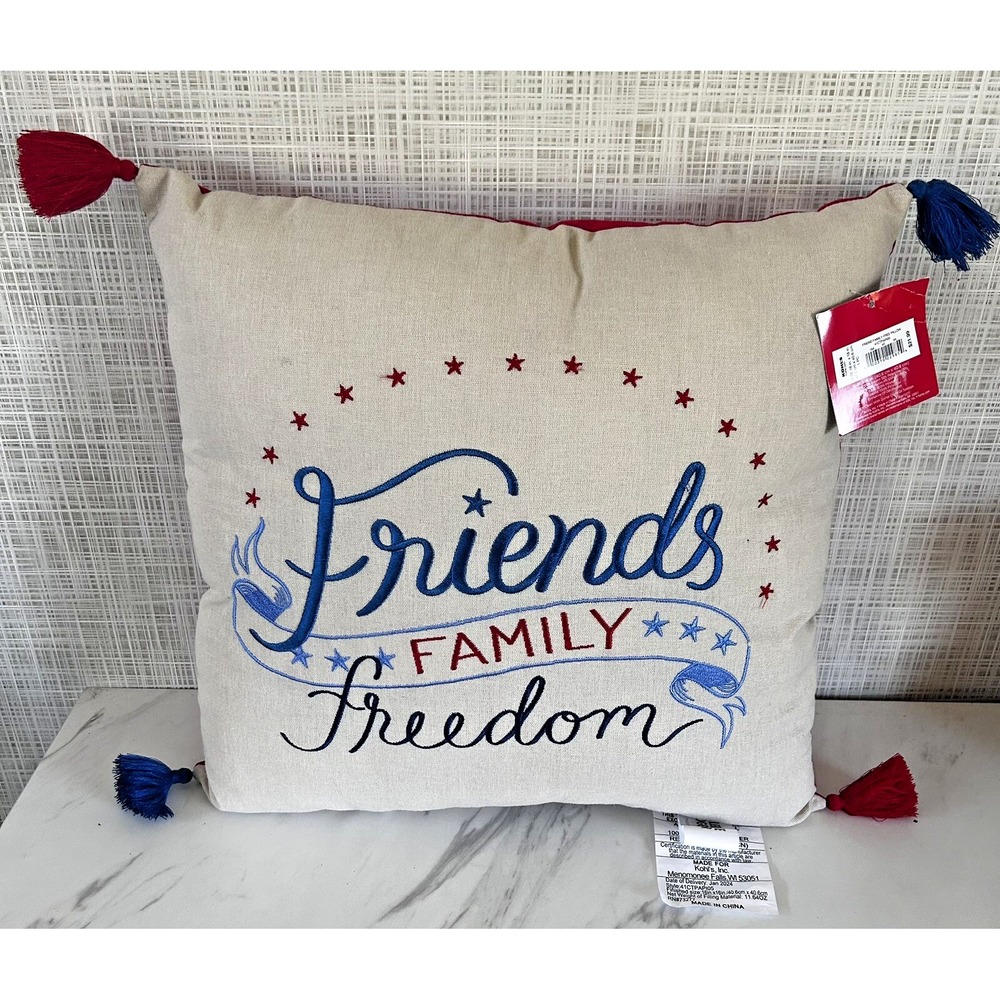 4th of July‎ Linen Pillow Friends Family Freedom Red Blue 16" x 16" Red Tassles